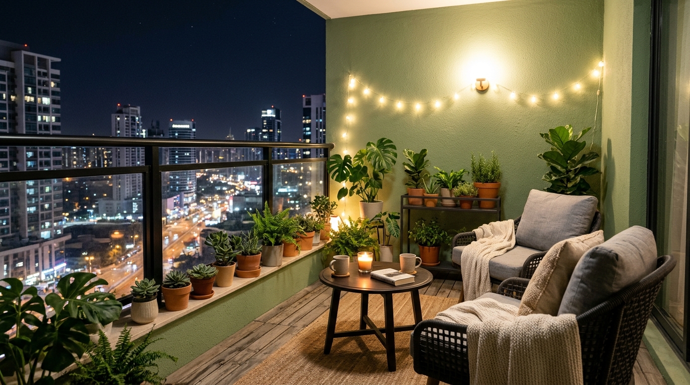 Atmospheric night shot of a sage green balcony garden with soft fairy lights and comfortable seating.