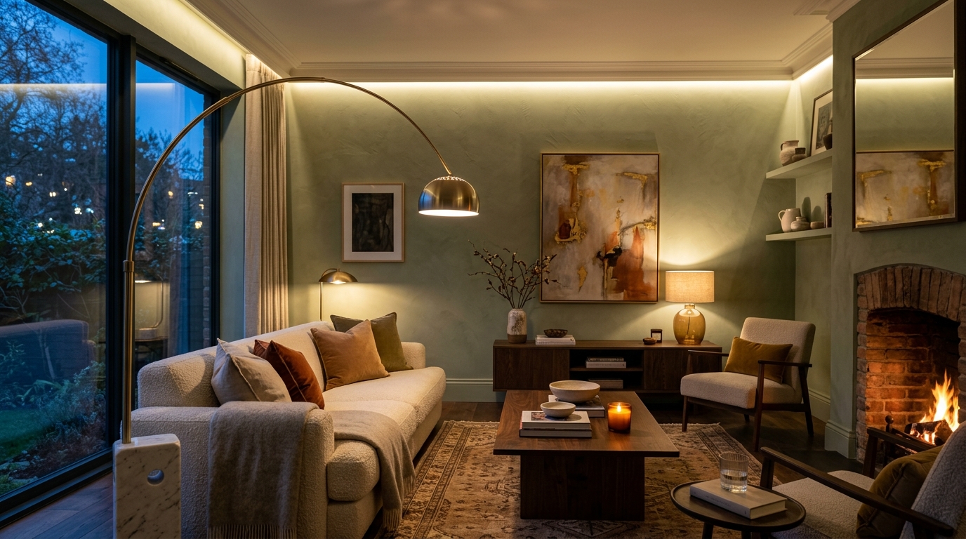Evening ambiance in a sage green living room showing 2700K warm ambient lighting and high CRI task lamps.