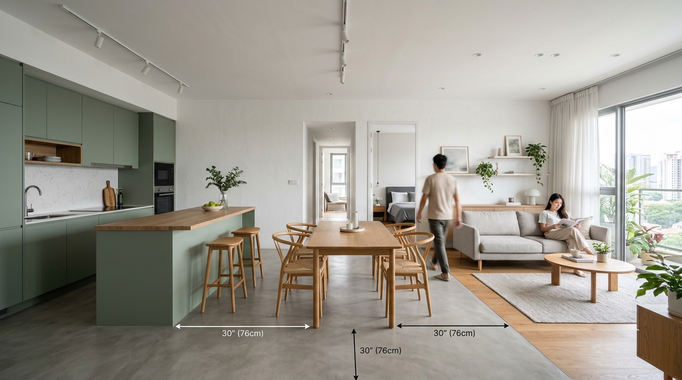 Functional kitchen-to-living transition in a small apartment with 36-inch walkway clearances and ergonomic green cabinetry.