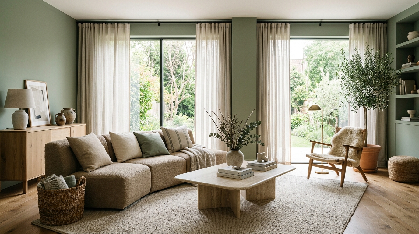 A sage green living room with beige couch and organic modern travertine coffee table in soft morning light.