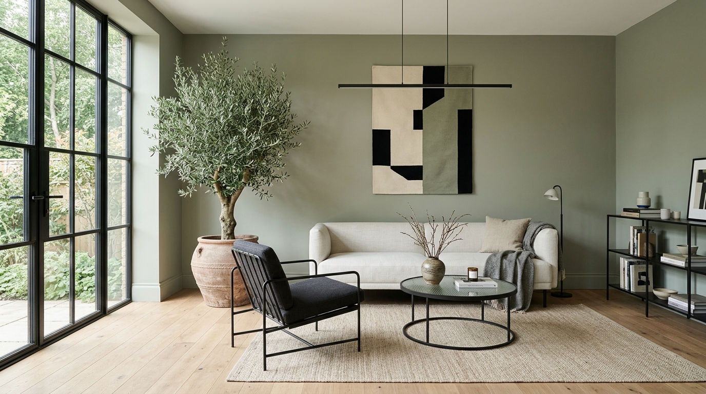 Benjamin Moore October Mist living room walls with minimalist black metal accents and large indoor olive tree.