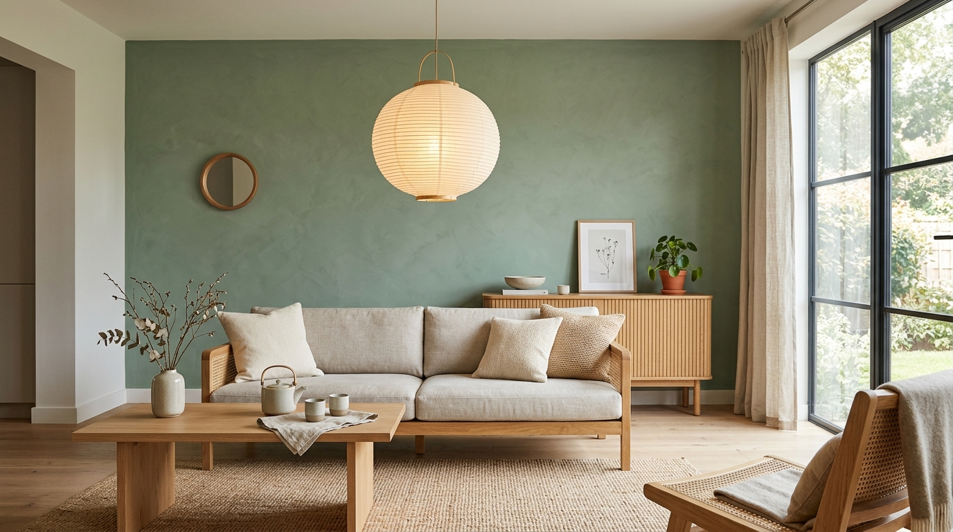 Japandi green interior layout featuring tatami-inspired textures and sage-toned built-in storage solutions.