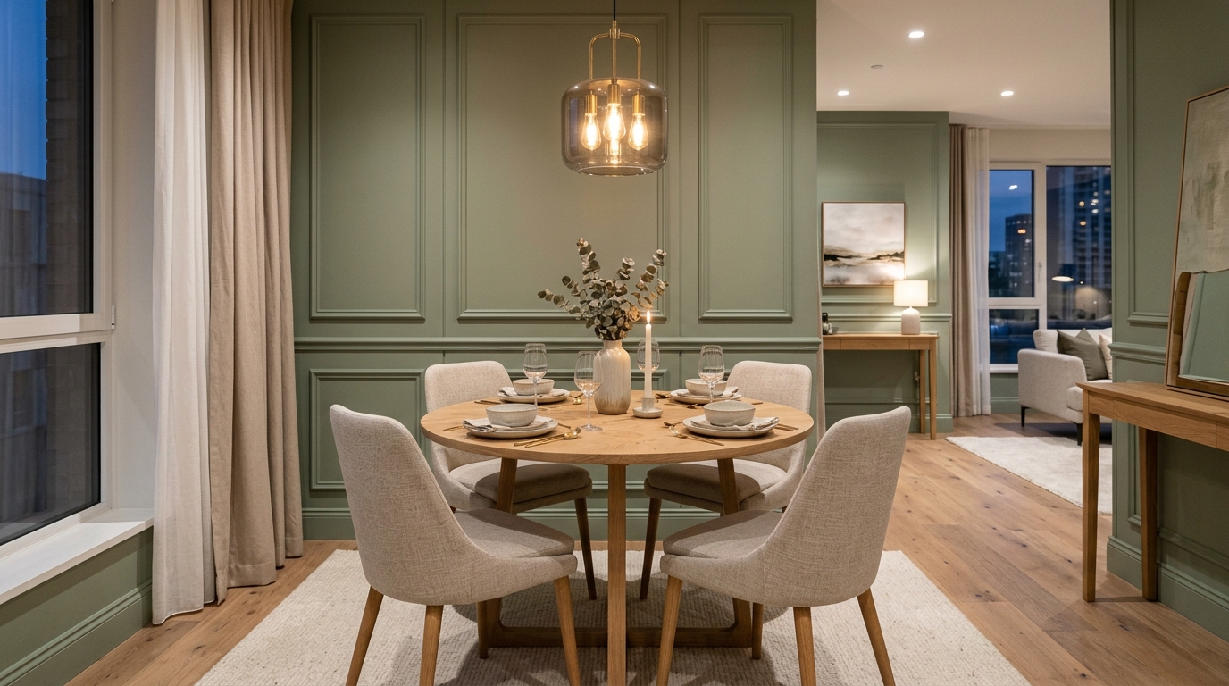 Minimalist dining area within a 90sqm flat showing 30-inch chair clearance and sage green accent wall.