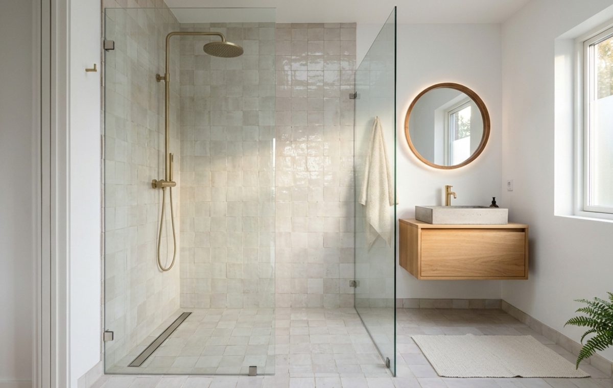 small wet room layout featuring a curbless entry with large format zellige tiles and a minimalist floor-to-ceiling glass panel