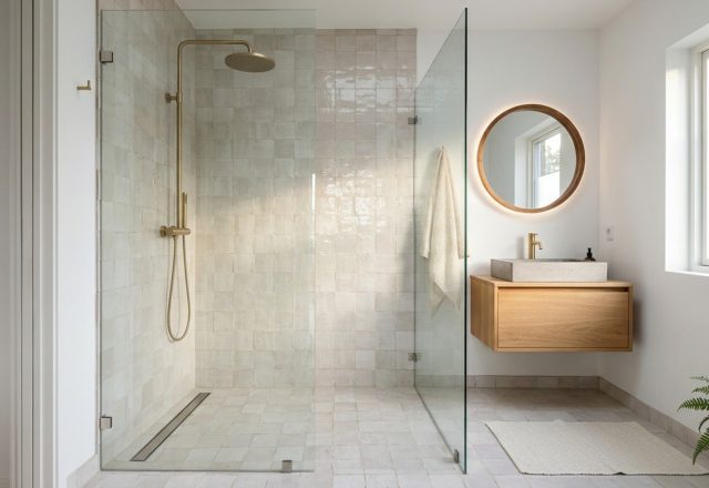 small wet room layout featuring a curbless entry with large format zellige tiles and a minimalist floor-to-ceiling glass panel