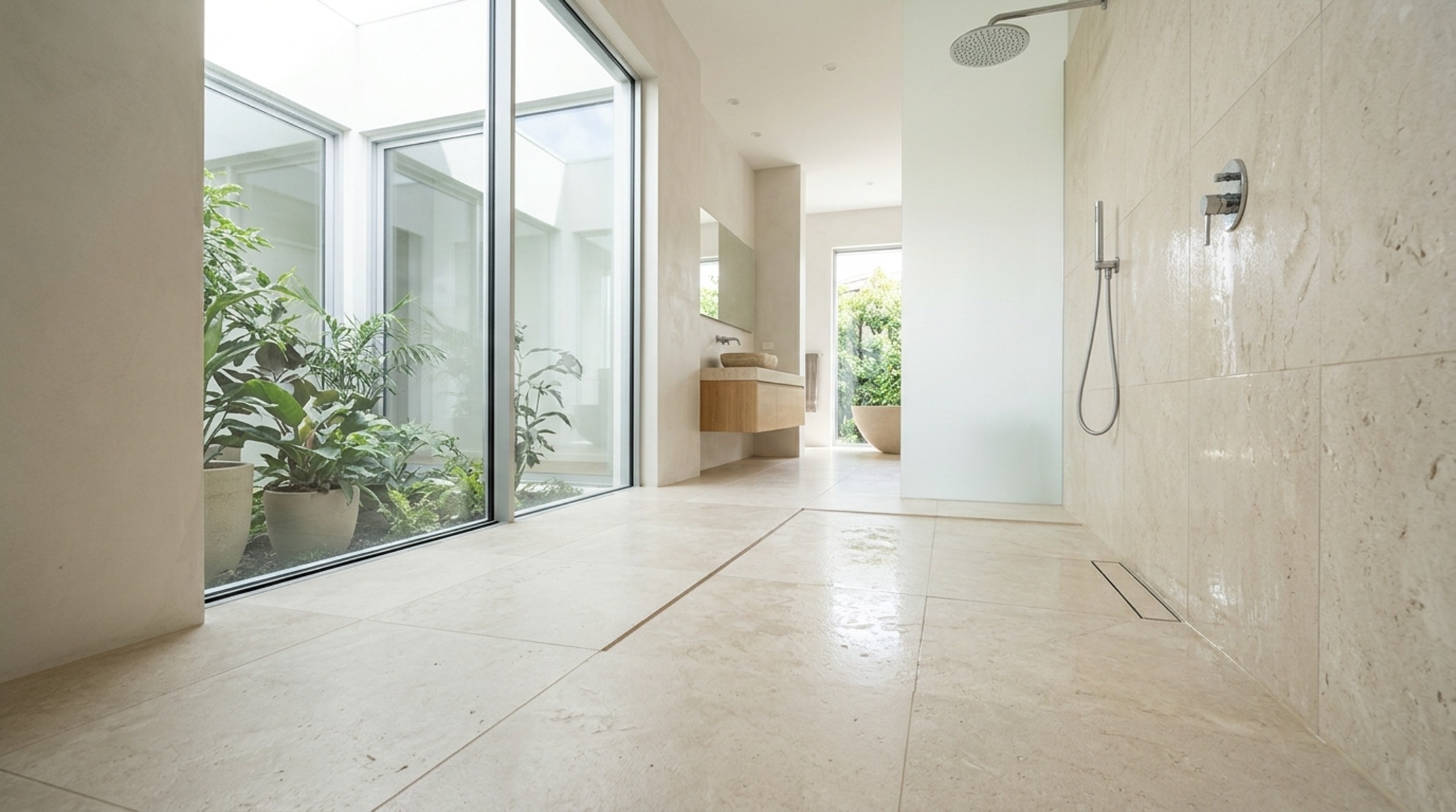 continuous tile flooring effects in a herringbone pattern that leads the eye toward a frosted glass window