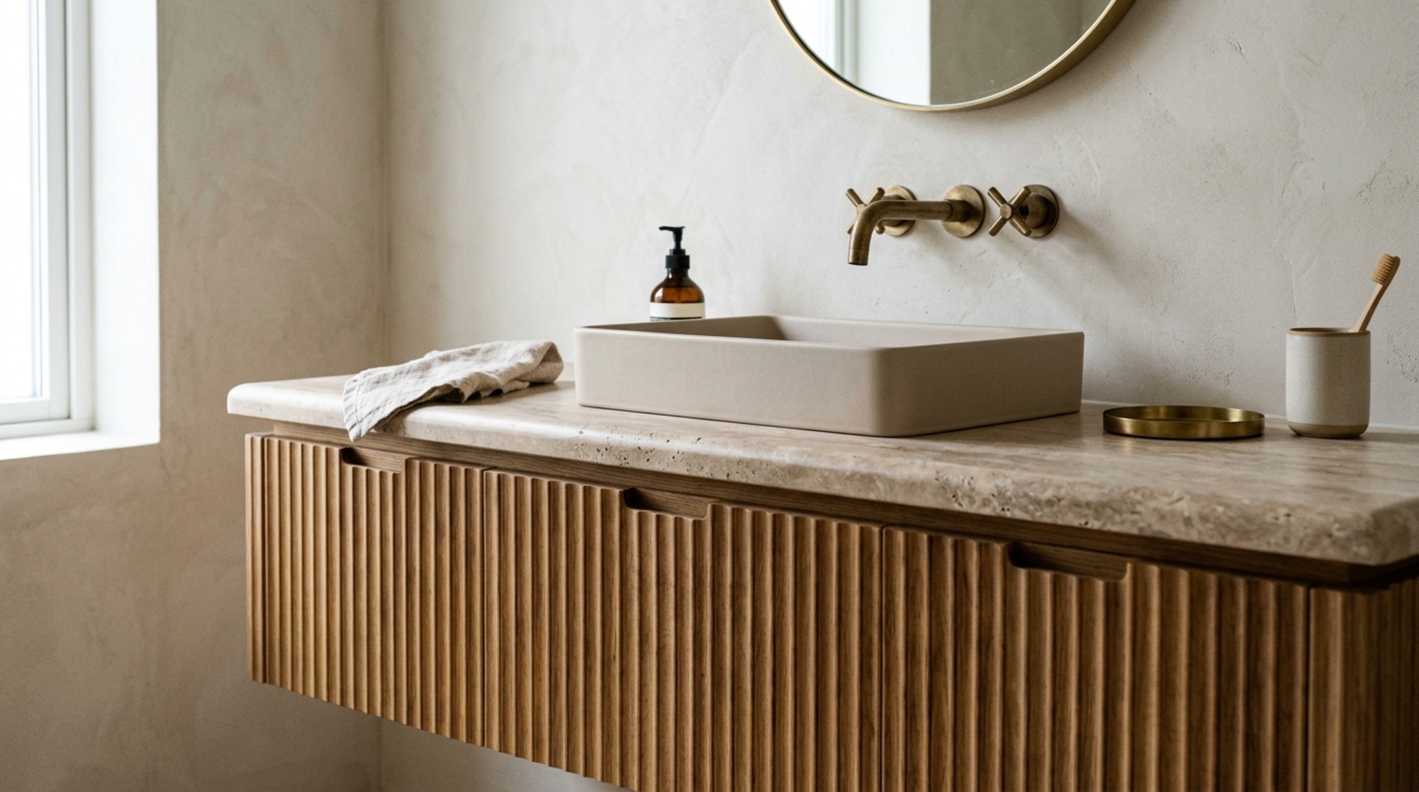 floating vanity storage solutions in fluted white oak with a bespoke travertine countertop and integrated undermount sink
