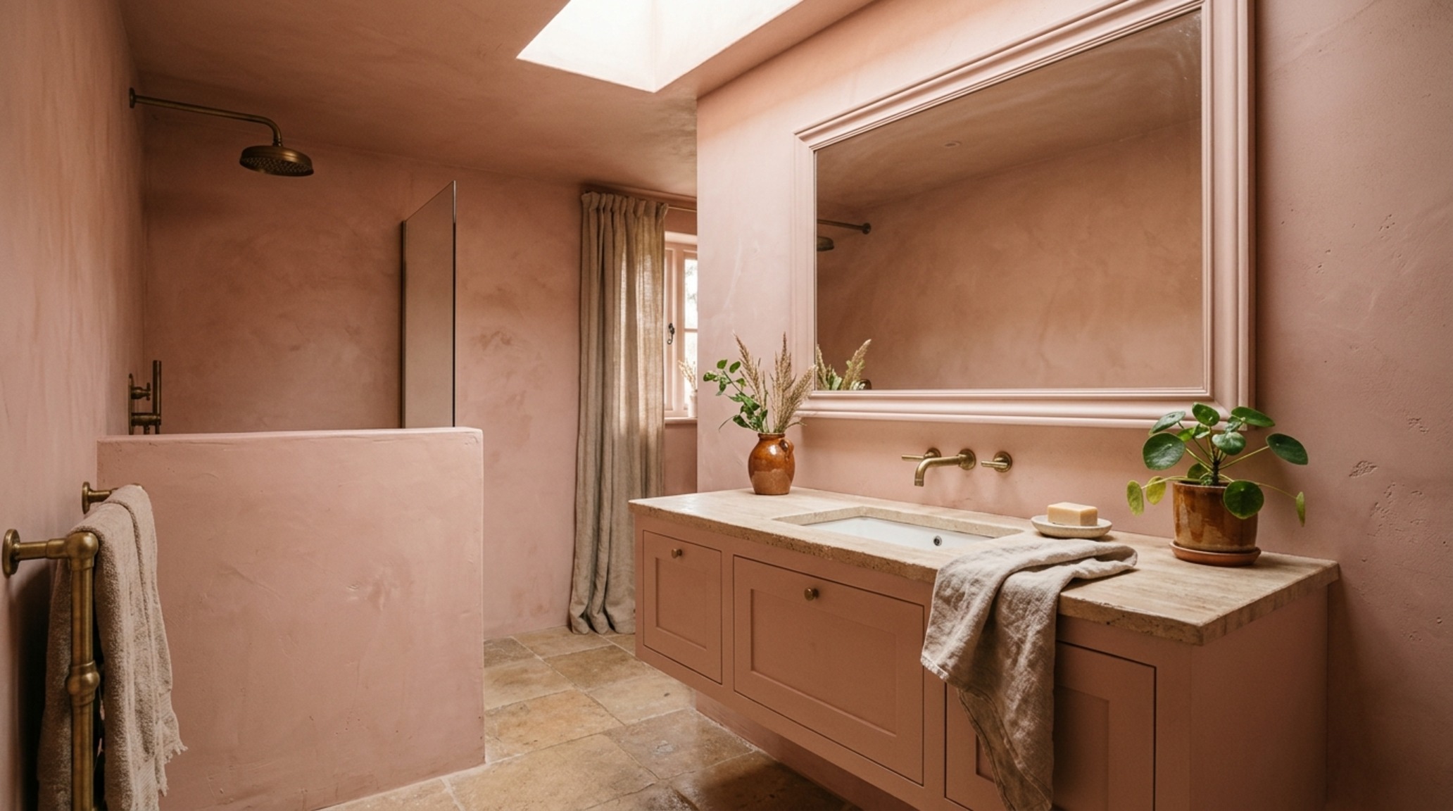 monochromatic bathroom color palettes in Farrow and Ball Setting Plaster with matching limewash walls and matte black hardware