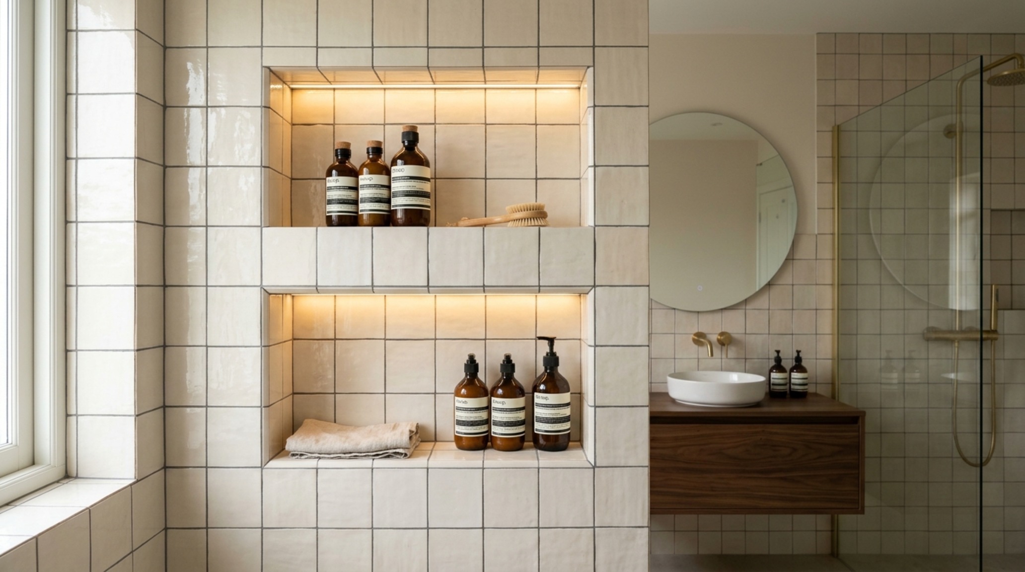 recessed bathroom niches framed in unlacquered brass with integrated LED lighting showcasing artisanal bath products