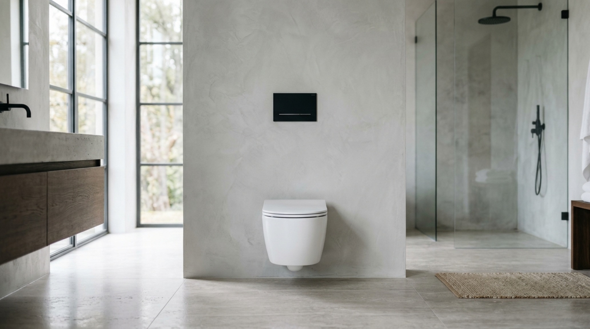 space-saving wall-hung toilets with a minimalist dual-flush plate mounted on a textured plaster wall