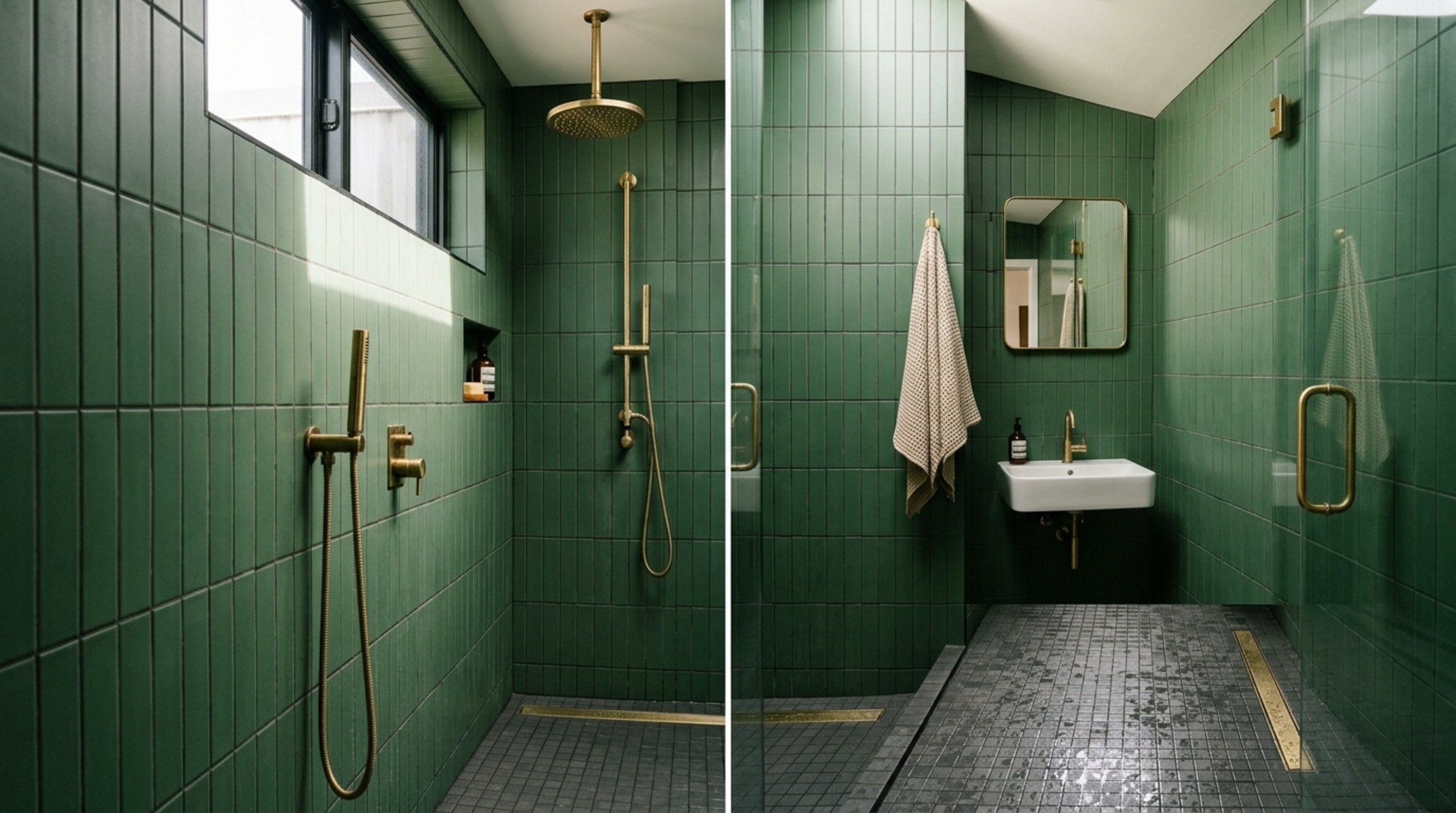 small wet room layout with a linear drain system and vertical stack bond subway tiles to emphasize ceiling height