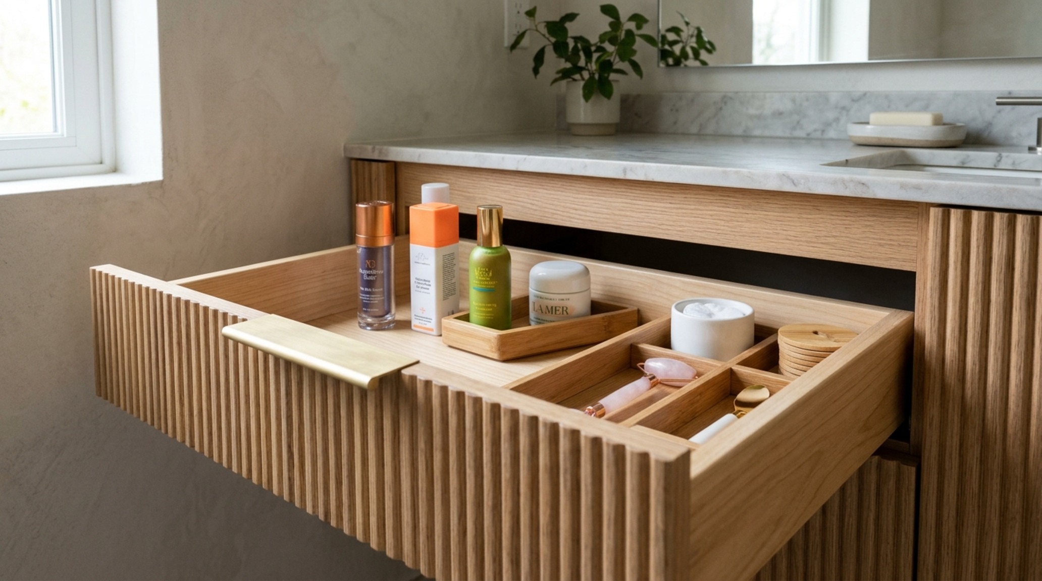 floating vanity storage solutions featuring internal drawer organizers and a wall-mounted bridge faucet in brushed nickel