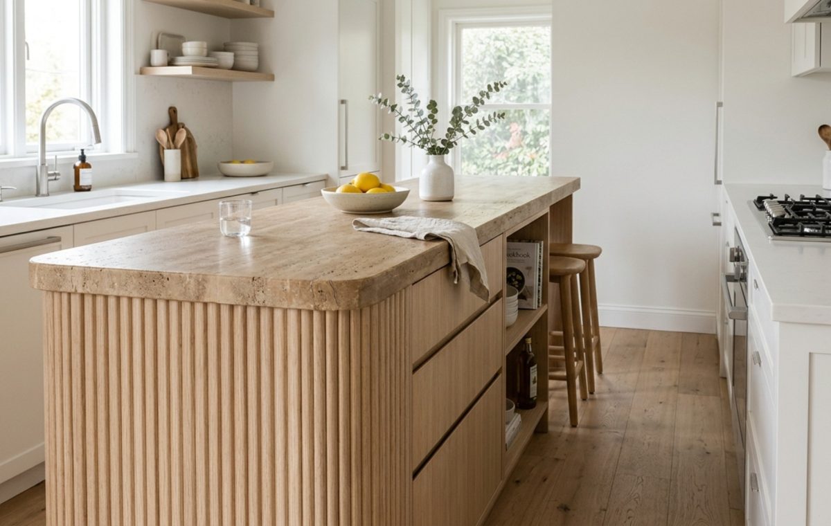 narrow island for small kitchen dimensions crafted in fluted white oak with a honed travertine countertop and minimal 36-inch walkways