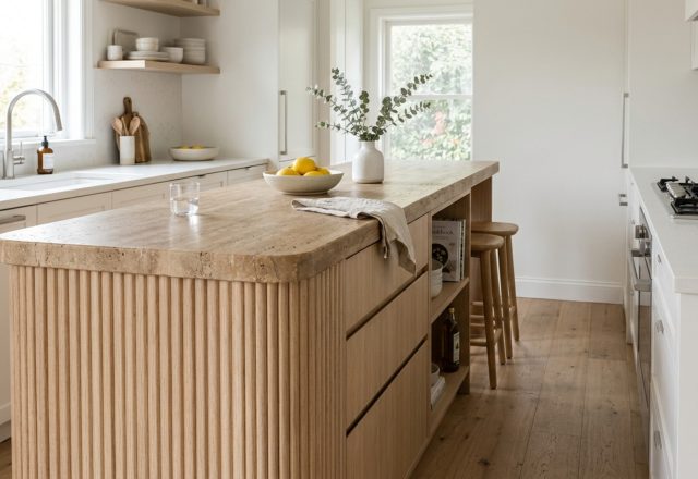 narrow island for small kitchen dimensions crafted in fluted white oak with a honed travertine countertop and minimal 36-inch walkways
