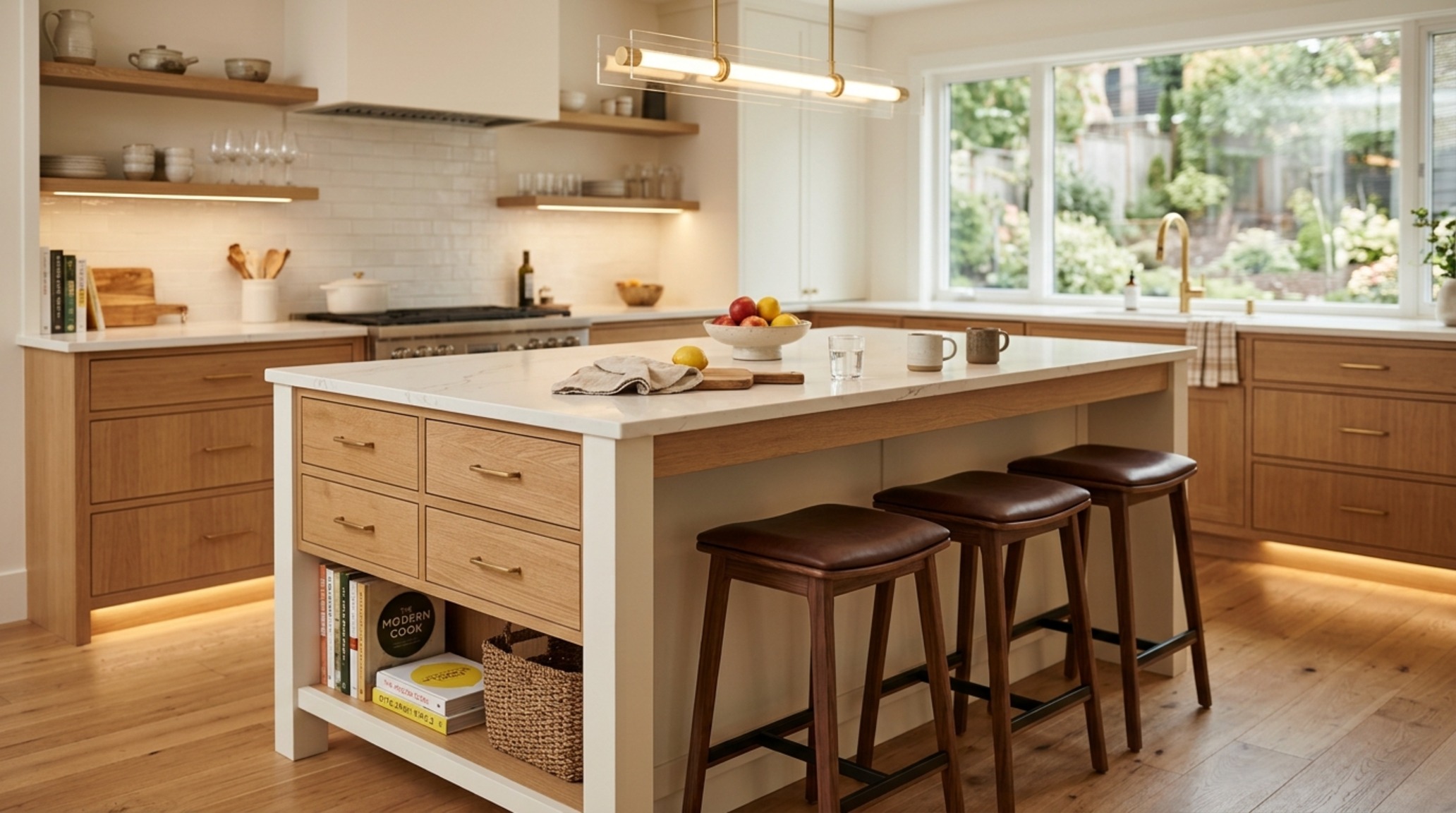 small kitchen island with seating and storage featuring integrated oak drawers and low-profile stools tucked under a marble overhang