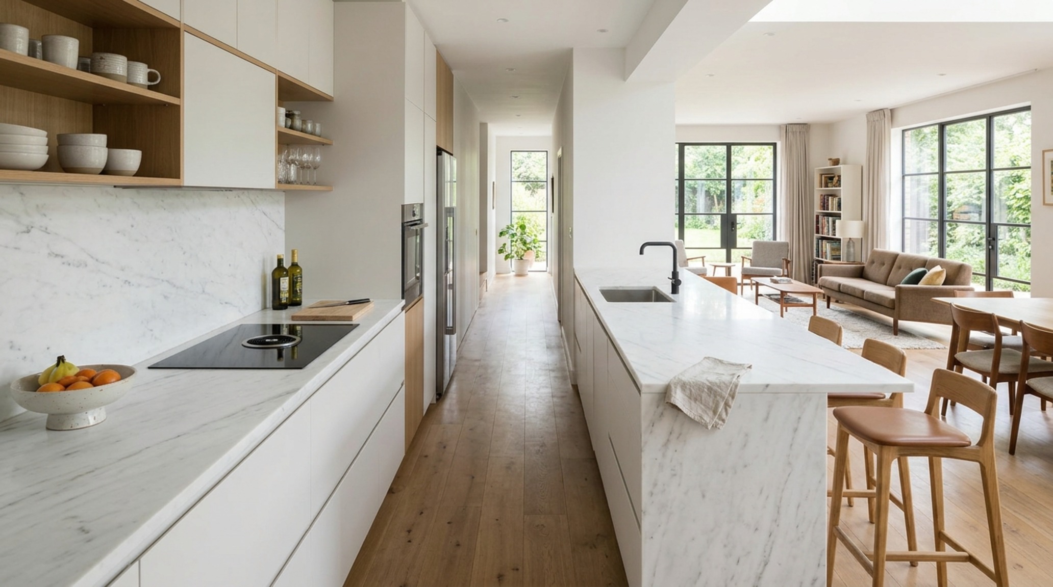 modern small galley kitchen islands featuring a long linear stone counter that opens up the corridor into a social living zone