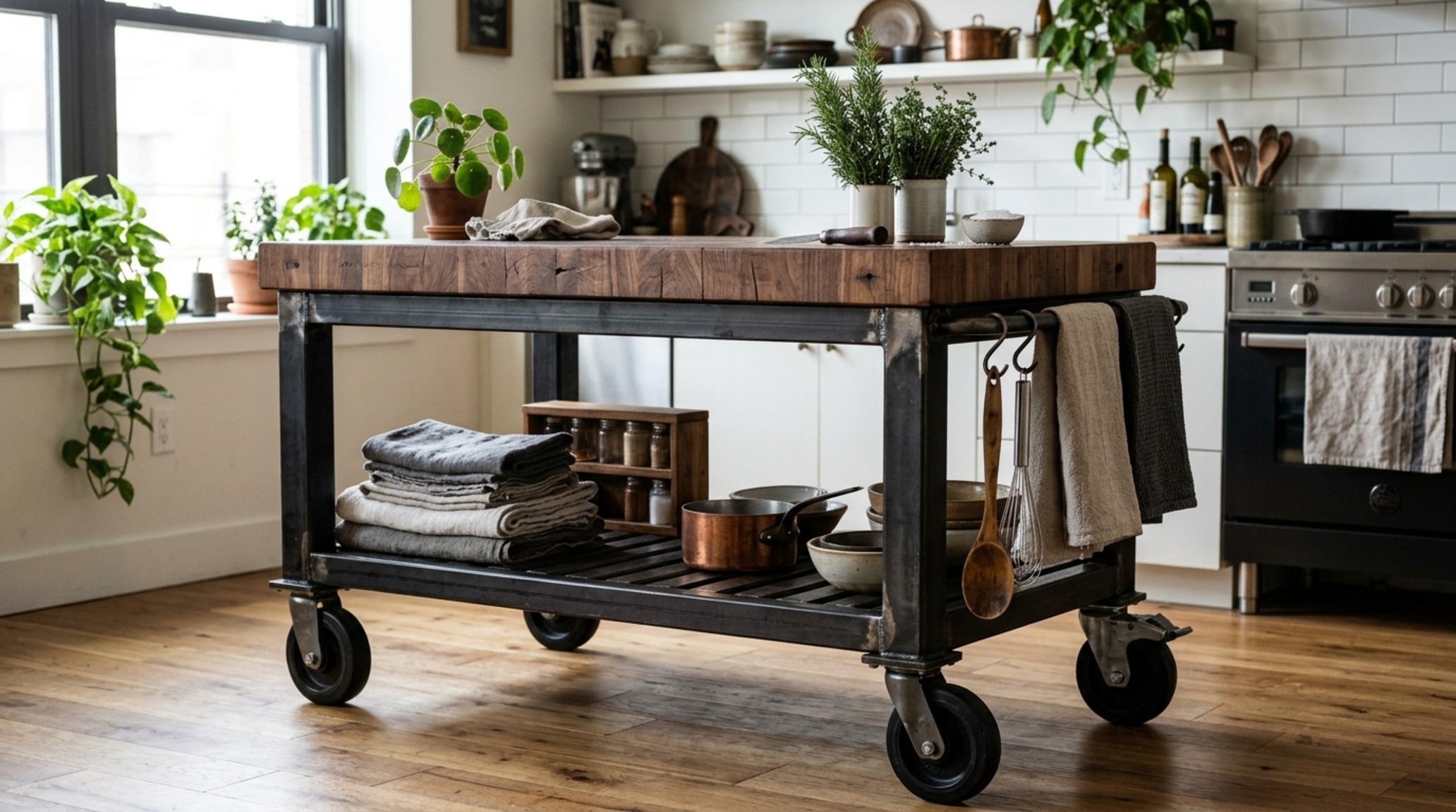 portable islands for apartment kitchen layouts showing a stainless steel and butcher block chef cart positioned for optimal natural light