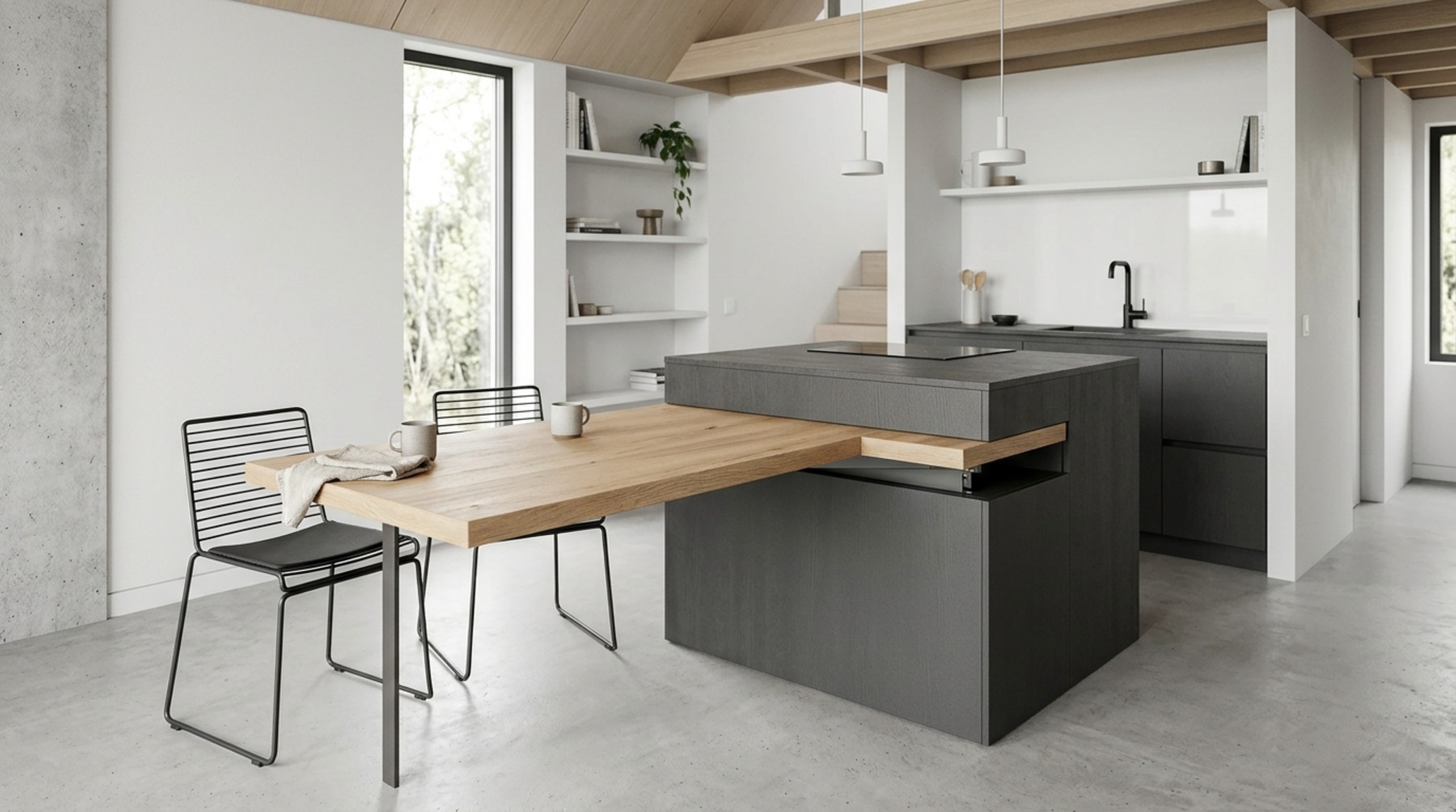 built-in dining island solutions for tiny homes showcasing a multi-functional pivoting wood table attached to a compact island base