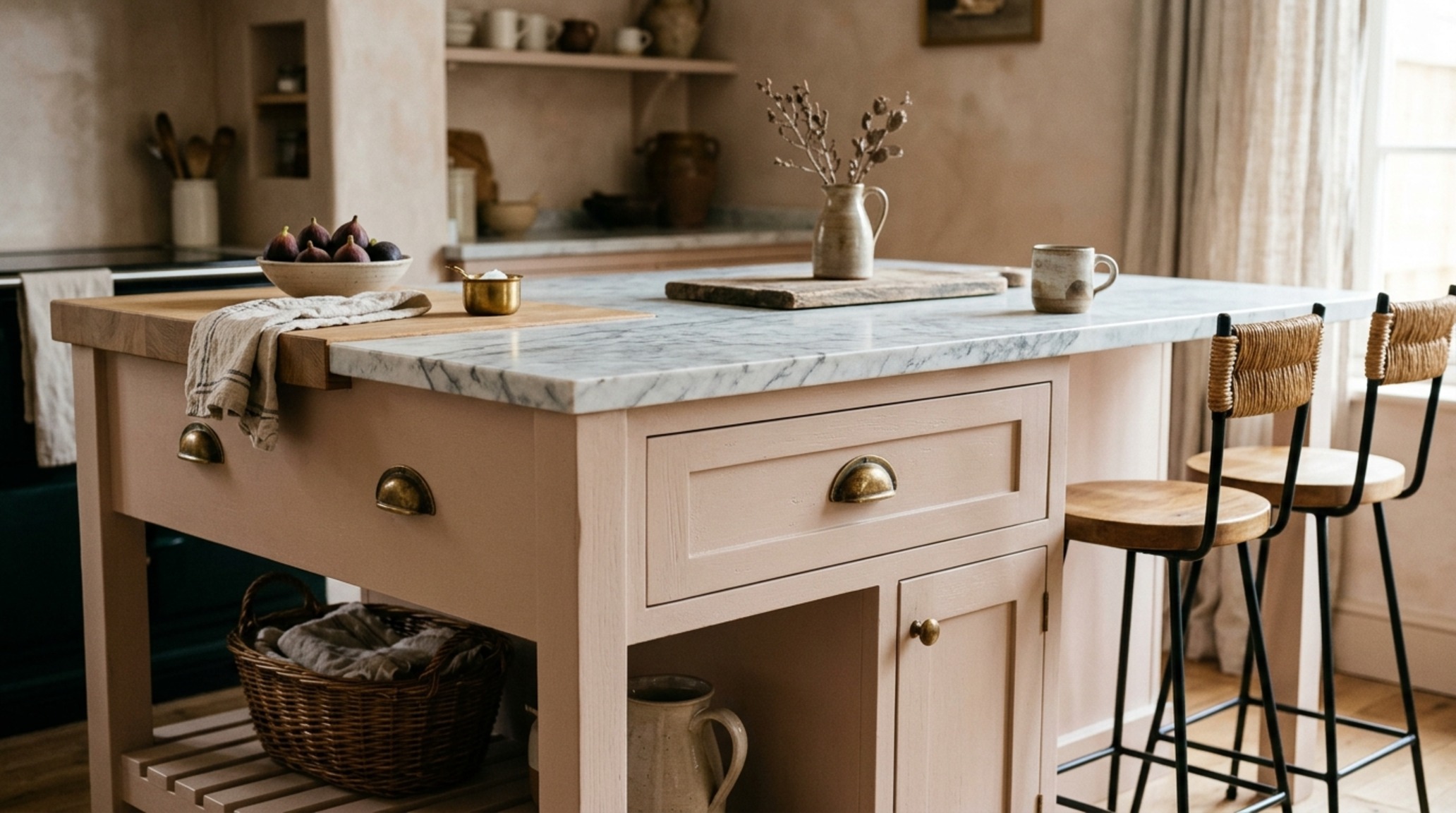 small kitchen island with seating and storage in a transitional style with Farrow & Ball Setting Plaster cabinets and brass hardware
