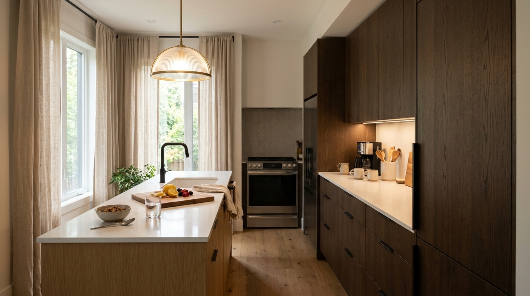 modern small galley kitchen islands with 2700K designer pendant lighting and high CRI under-cabinet task illumination