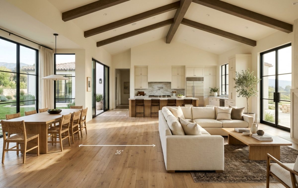 luxury spatial planning featuring an expansive open-plan living area with 36-inch wide circulation paths and a neutral palette of Swiss Coffee and warm wood tones.