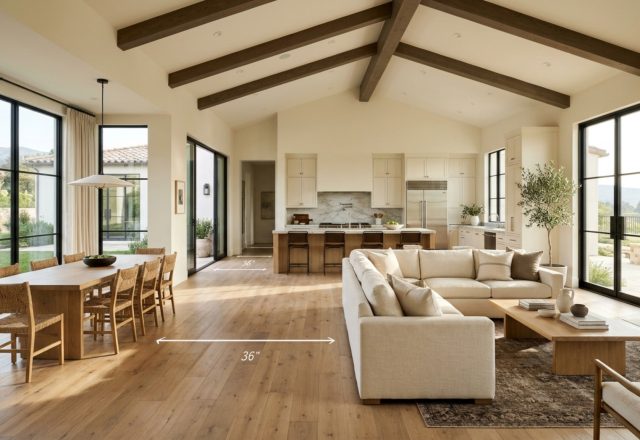 luxury spatial planning featuring an expansive open-plan living area with 36-inch wide circulation paths and a neutral palette of Swiss Coffee and warm wood tones.