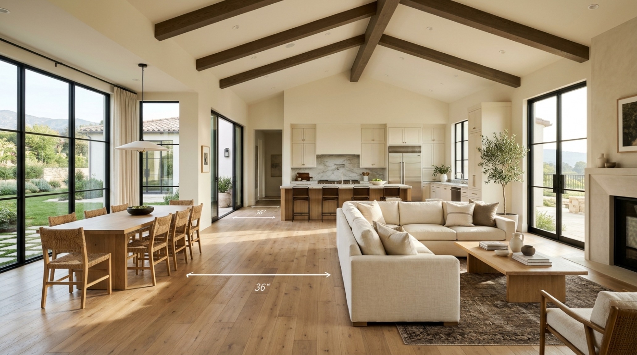 luxury spatial planning featuring an expansive open-plan living area with 36-inch wide circulation paths and a neutral palette of Swiss Coffee and warm wood tones. luxury spatial planning featuring an expansive open-plan living area with 36-inch wide circulation paths and a neutral palette of Swiss Coffee and warm wood tones.