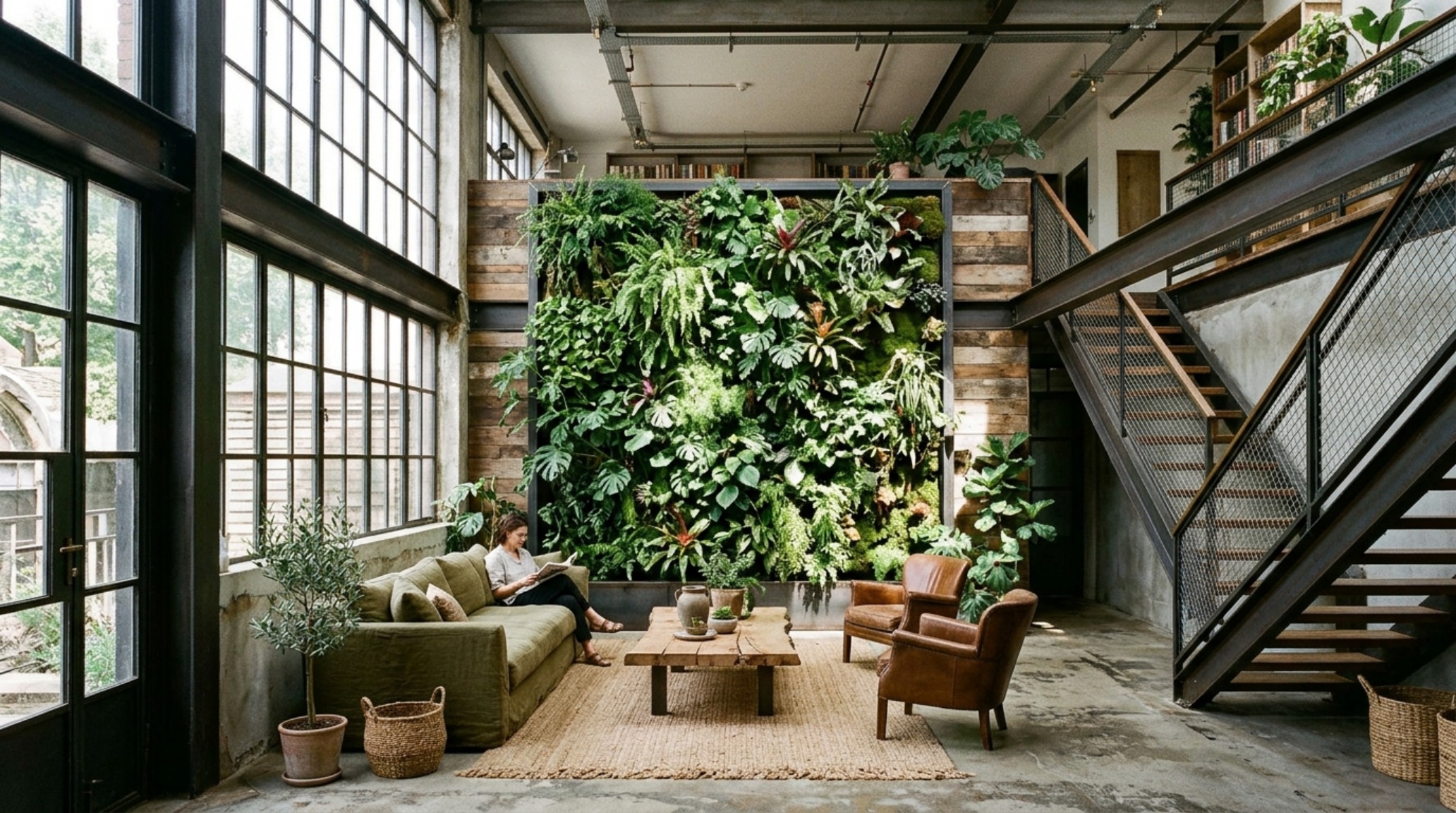 biophilic zoning techniques including a vertical indoor garden wall that serves as a soft acoustic barrier and air-purifying structural element in a Great Room. biophilic zoning techniques including a vertical indoor garden wall that serves as a soft acoustic barrier and air-purifying structural element in a Great Room.