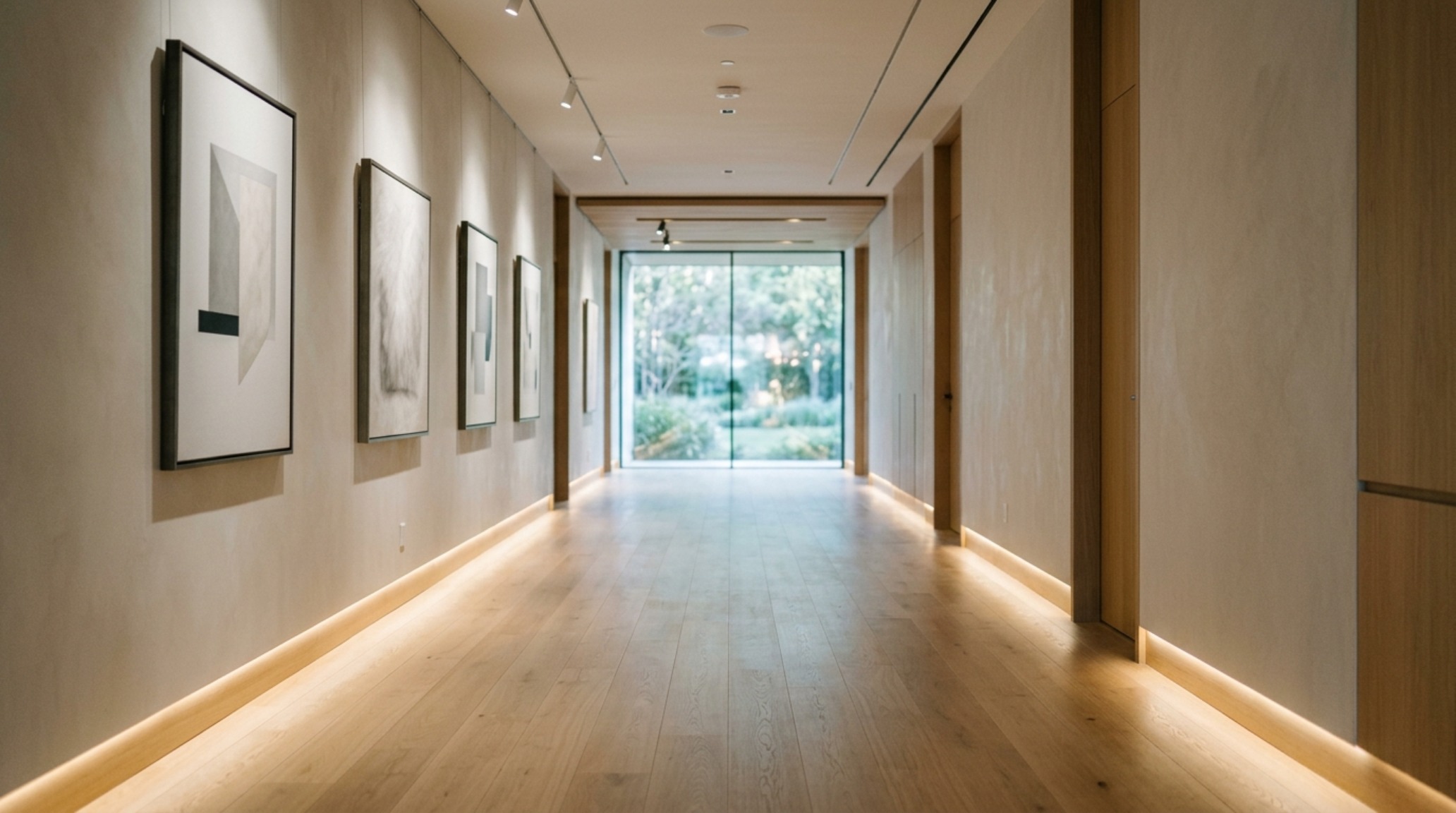 luxury spatial planning in a minimalist hallway where the absence of clutter and the use of recessed linear lighting emphasize the pure geometry of the corridor. luxury spatial planning in a minimalist hallway where the absence of clutter and the use of recessed linear lighting emphasize the pure geometry of the corridor.