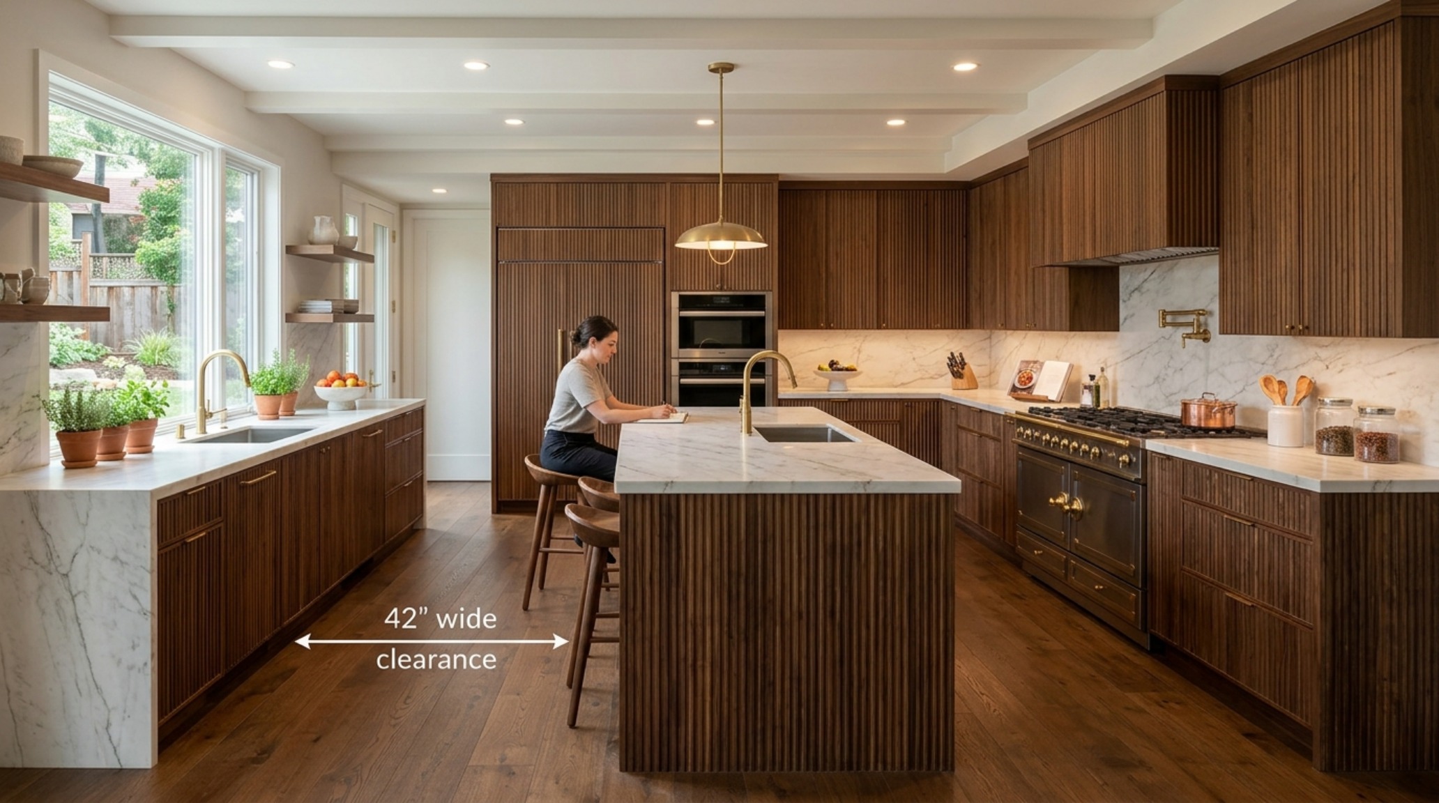 ergonomic floor plan optimization in a modern kitchen with 42-inch wide aisles, fluted oak cabinetry, and integrated high-end appliances for seamless culinary workflow. ergonomic floor plan optimization in a modern kitchen with 42-inch wide aisles, fluted oak cabinetry, and integrated high-end appliances for seamless culinary workflow.