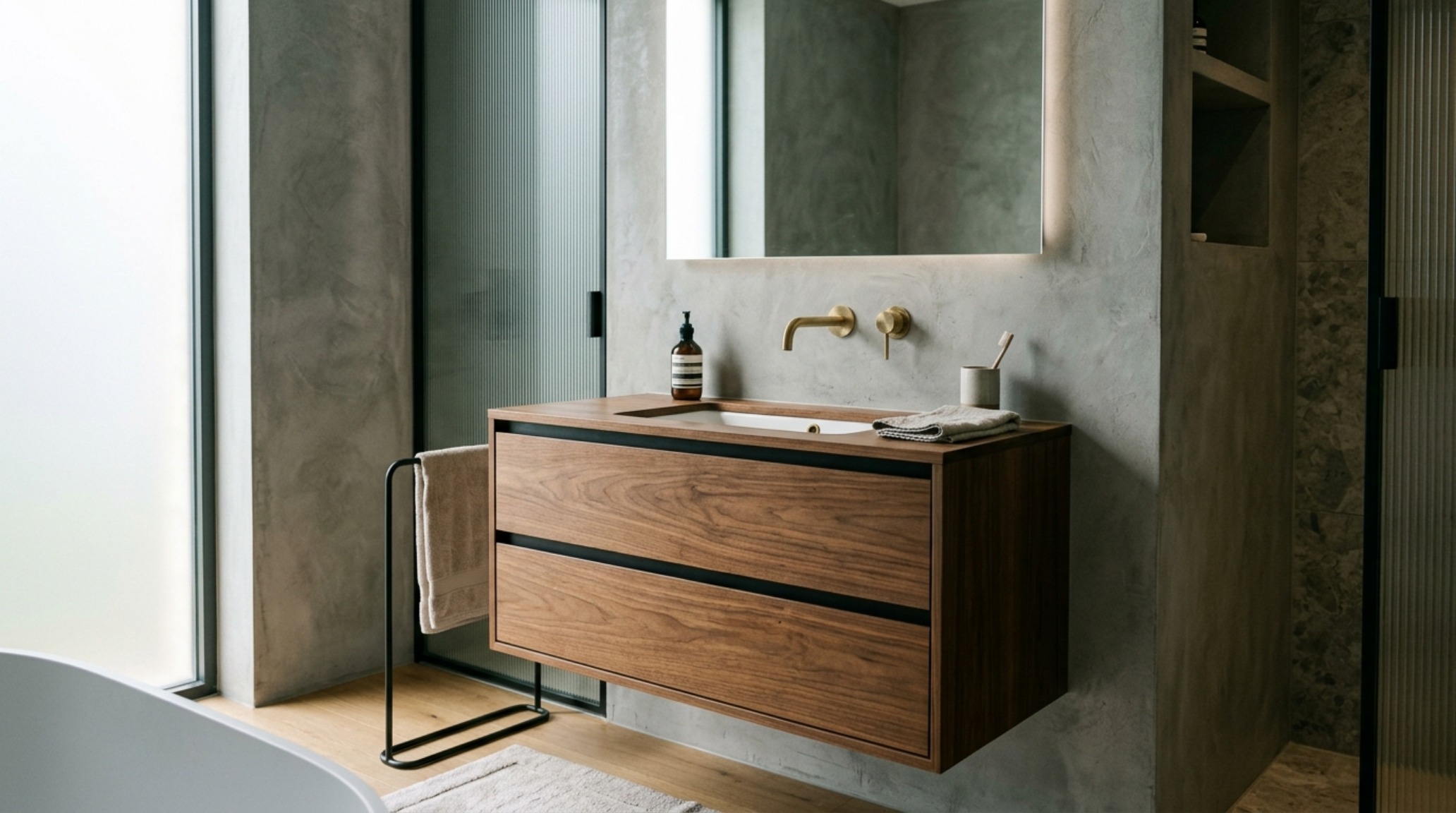 modern architectural interior trends featuring a floating white oak vanity and a floor-to-ceiling pivot door that emphasizes the continuity of the floor plane. modern architectural interior trends featuring a floating white oak vanity and a floor-to-ceiling pivot door that emphasizes the continuity of the floor plane.