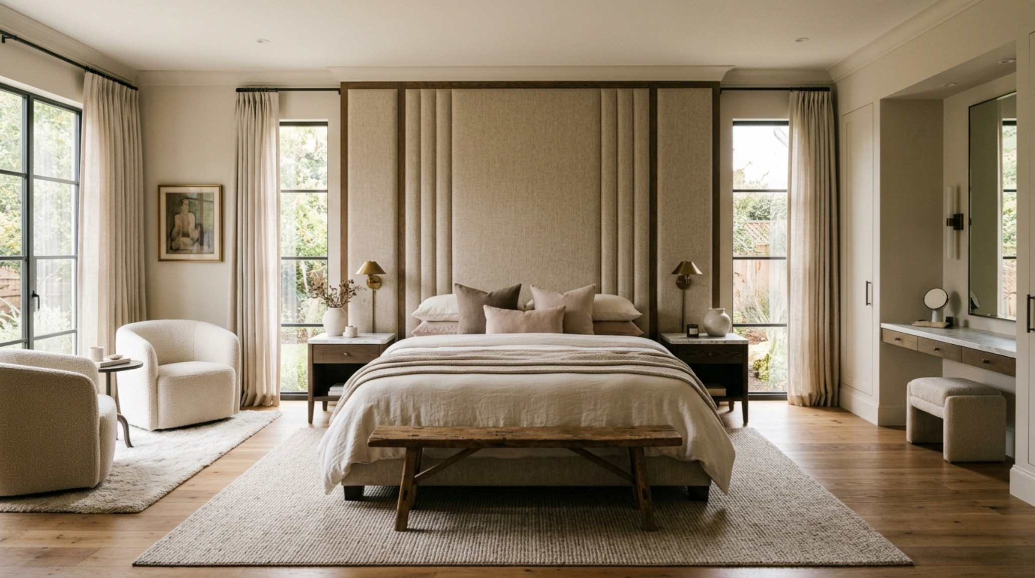 luxury spatial planning in a primary bedroom suite where a 24-inch clearance around a custom upholstered bed ensures a sense of calm and effortless movement. luxury spatial planning in a primary bedroom suite where a 24-inch clearance around a custom upholstered bed ensures a sense of calm and effortless movement.