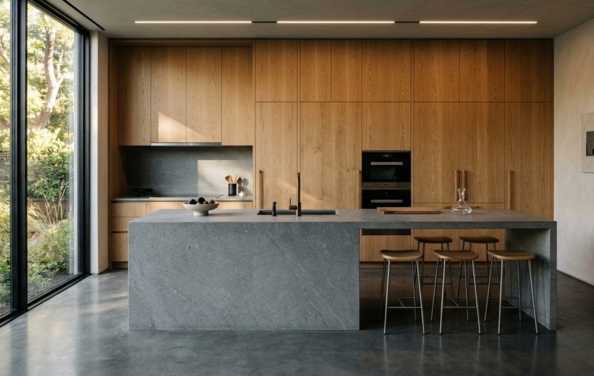 minimalist kitchen layout ideas showcasing a large central island with 42-inch clearances and floor-to-ceiling white oak cabinetry.