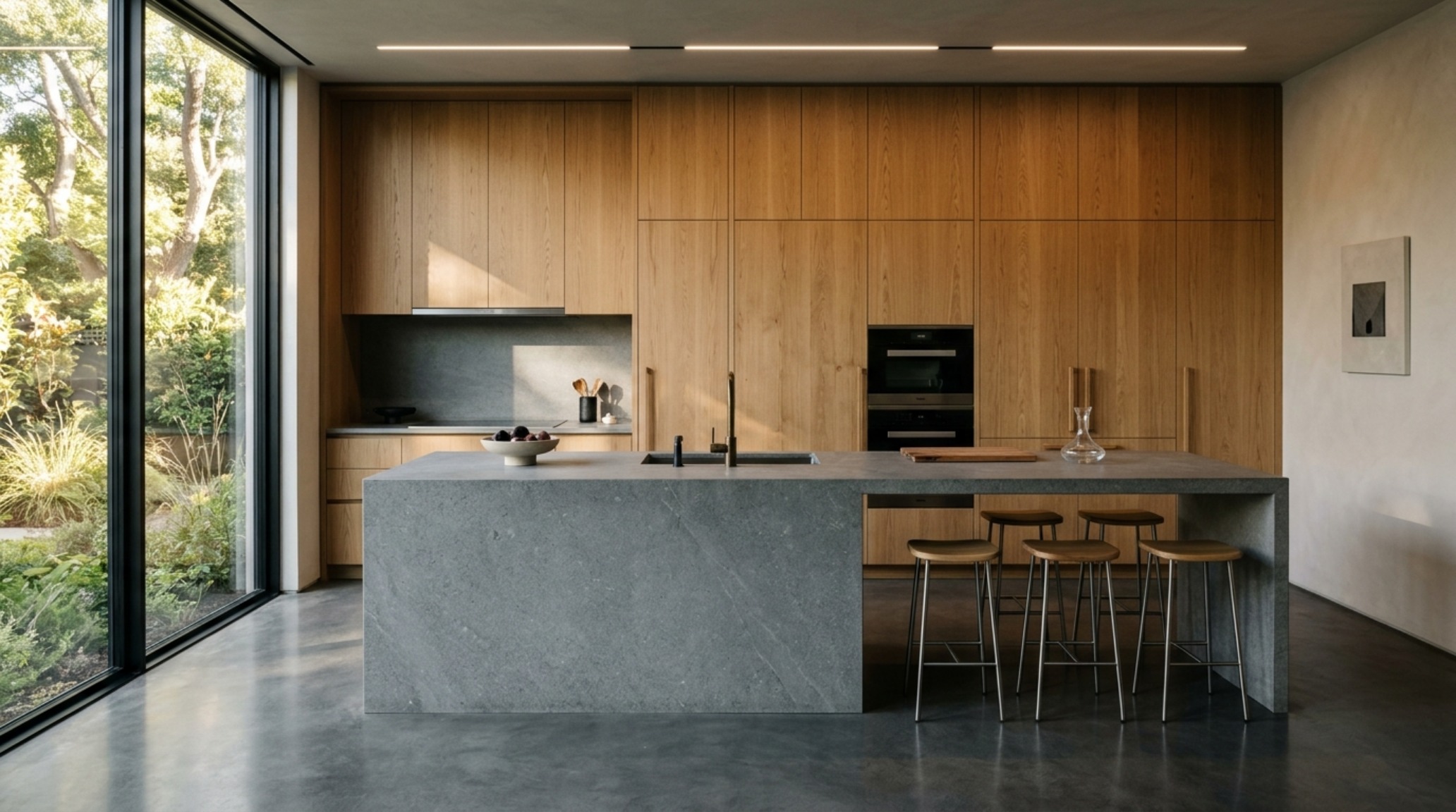 minimalist kitchen layout ideas showcasing a large central island with 42-inch clearances and floor-to-ceiling white oak cabinetry. minimalist kitchen layout ideas showcasing a large central island with 42-inch clearances and floor-to-ceiling white oak cabinetry.