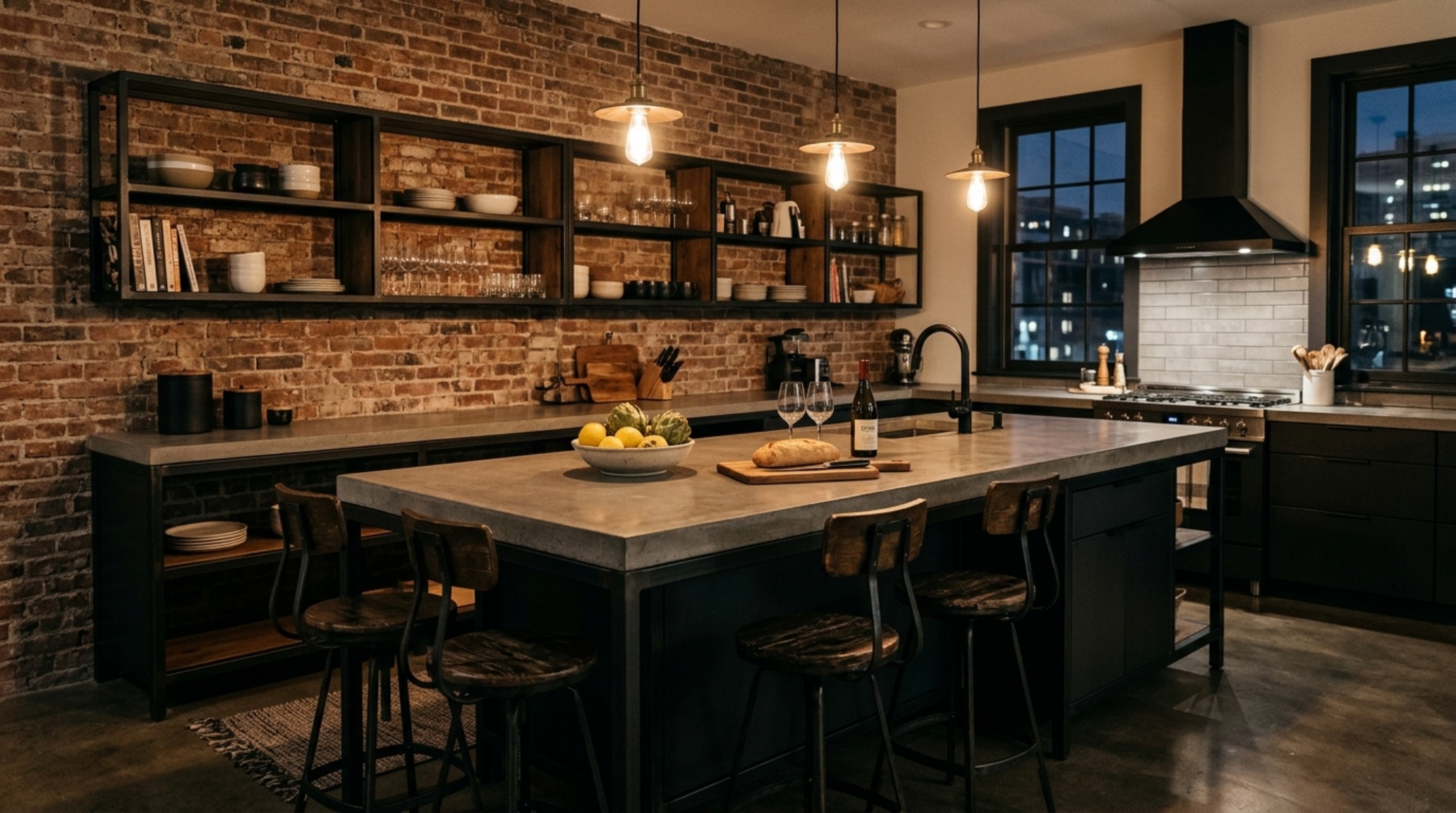 industrial modern kitchen design featuring polished concrete floors, blackened steel accents, and exposed structural beams. industrial modern kitchen design featuring polished concrete floors, blackened steel accents, and exposed structural beams.