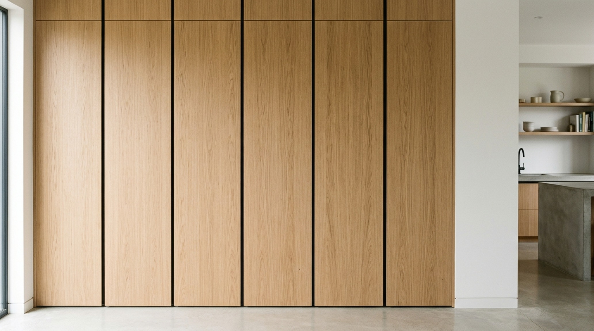 handleless kitchen cabinets in a soft matte finish highlighting the vertical lines and architectural volume of a high-end pantry wall. handleless kitchen cabinets in a soft matte finish highlighting the vertical lines and architectural volume of a high-end pantry wall.