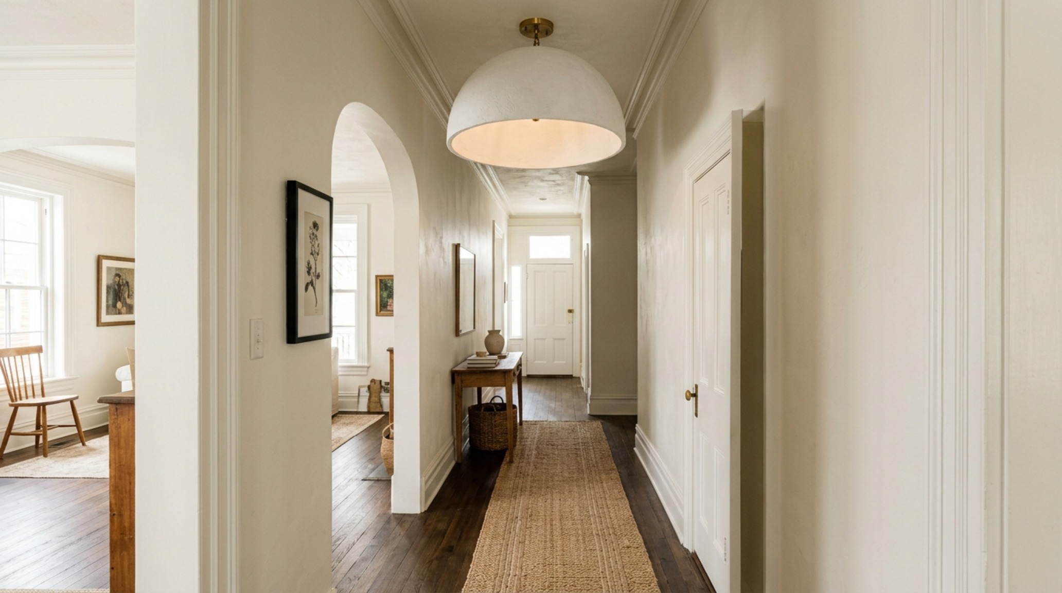 High-end narrow foyer design featuring a large sculptural plaster semi-flush mount light and Benjamin Moore Swiss Coffee walls with soft natural sunlight. High-end narrow foyer design featuring a large sculptural plaster semi-flush mount light and Benjamin Moore Swiss Coffee walls with soft natural sunlight.