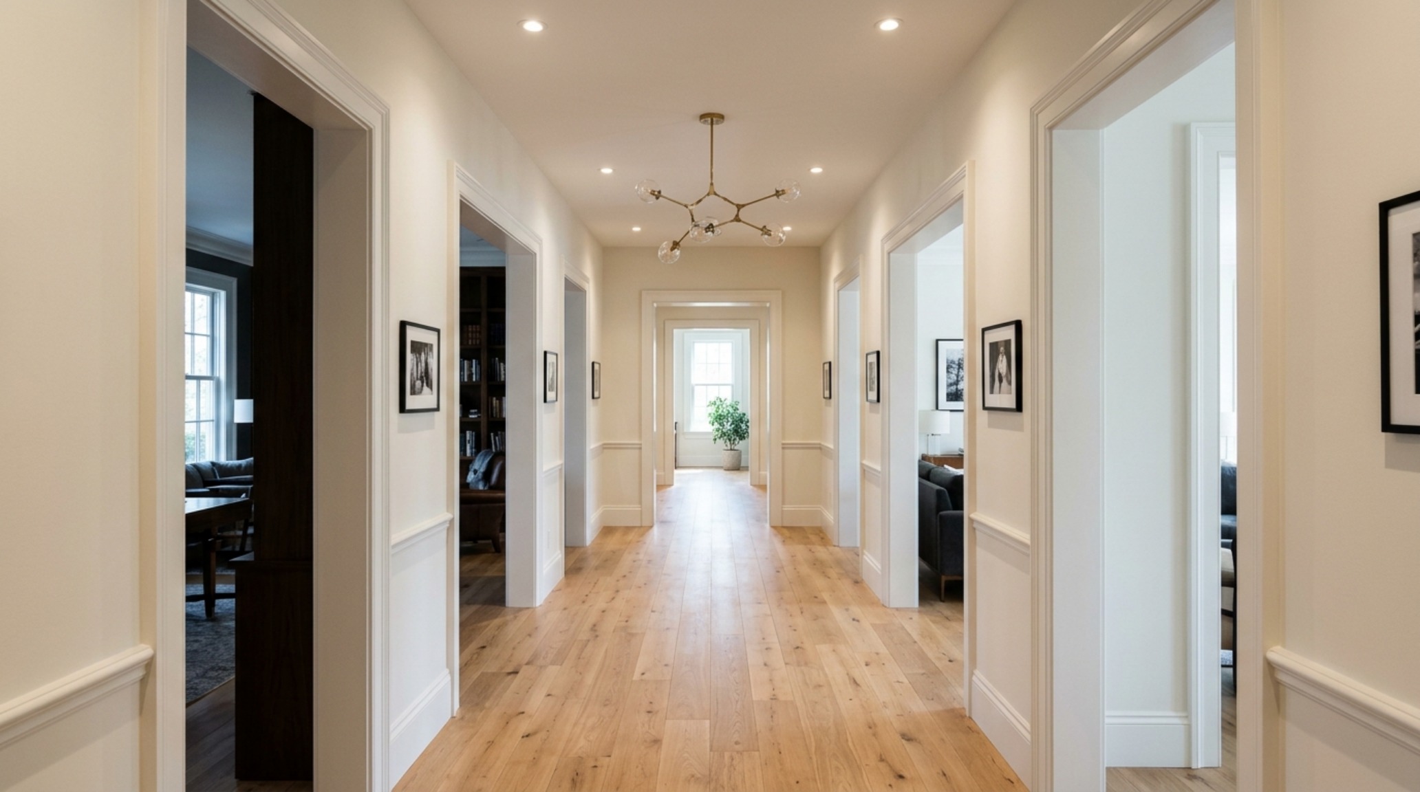 Minimalist narrow hallway with floating oak shelves, integrated LED accent lighting, and a 36-inch clear walkway path. Minimalist narrow hallway with floating oak shelves, integrated LED accent lighting, and a 36-inch clear walkway path.