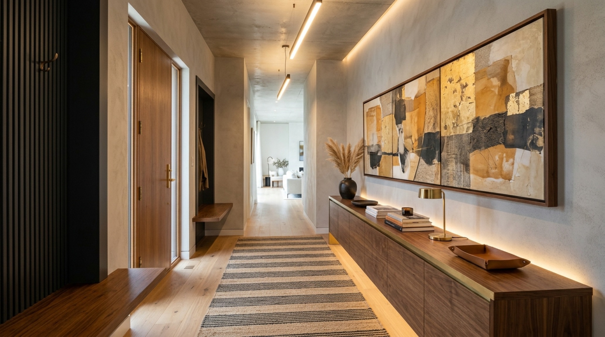 Symmetry in a narrow entryway with dual architectural sconces framing a piece of abstract art and a slim stone bench. Symmetry in a narrow entryway with dual architectural sconces framing a piece of abstract art and a slim stone bench.