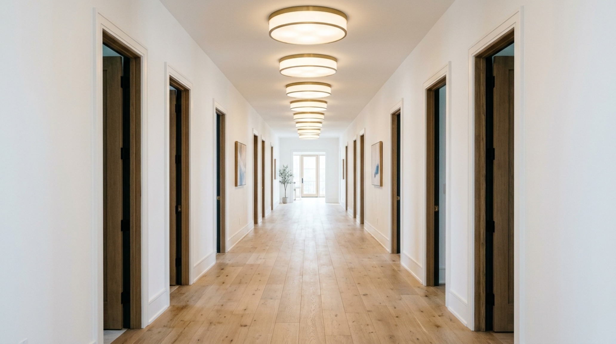 Modern flush mount entryway lights in a long corridor with a narrow hallway runner rug and 2700K warm white lighting. Modern flush mount entryway lights in a long corridor with a narrow hallway runner rug and 2700K warm white lighting.