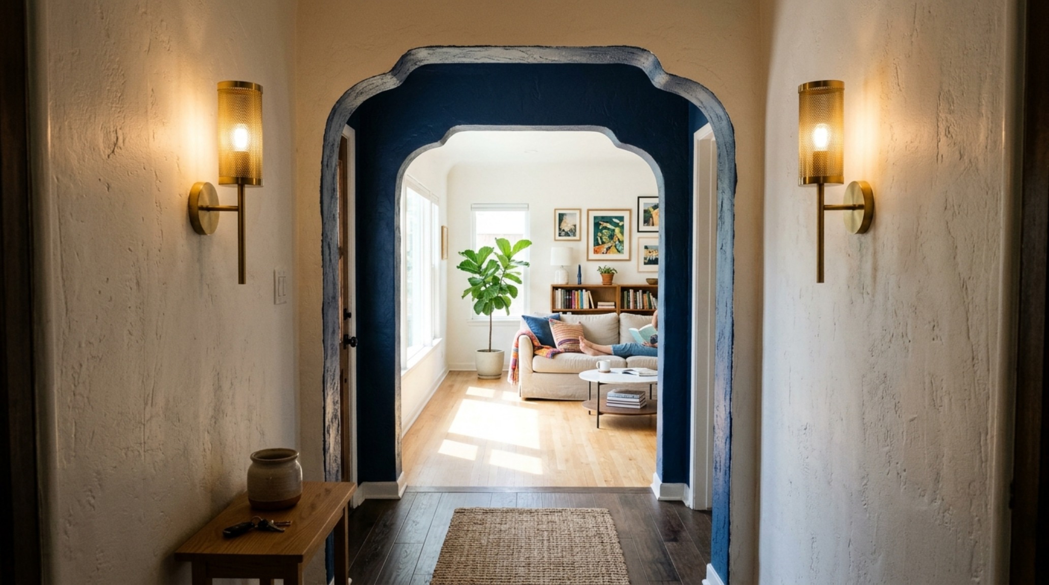 Architectural view of a cased opening portal effect with a floating white oak console and wall-mounted brass sconces. Architectural view of a cased opening portal effect with a floating white oak console and wall-mounted brass sconces.