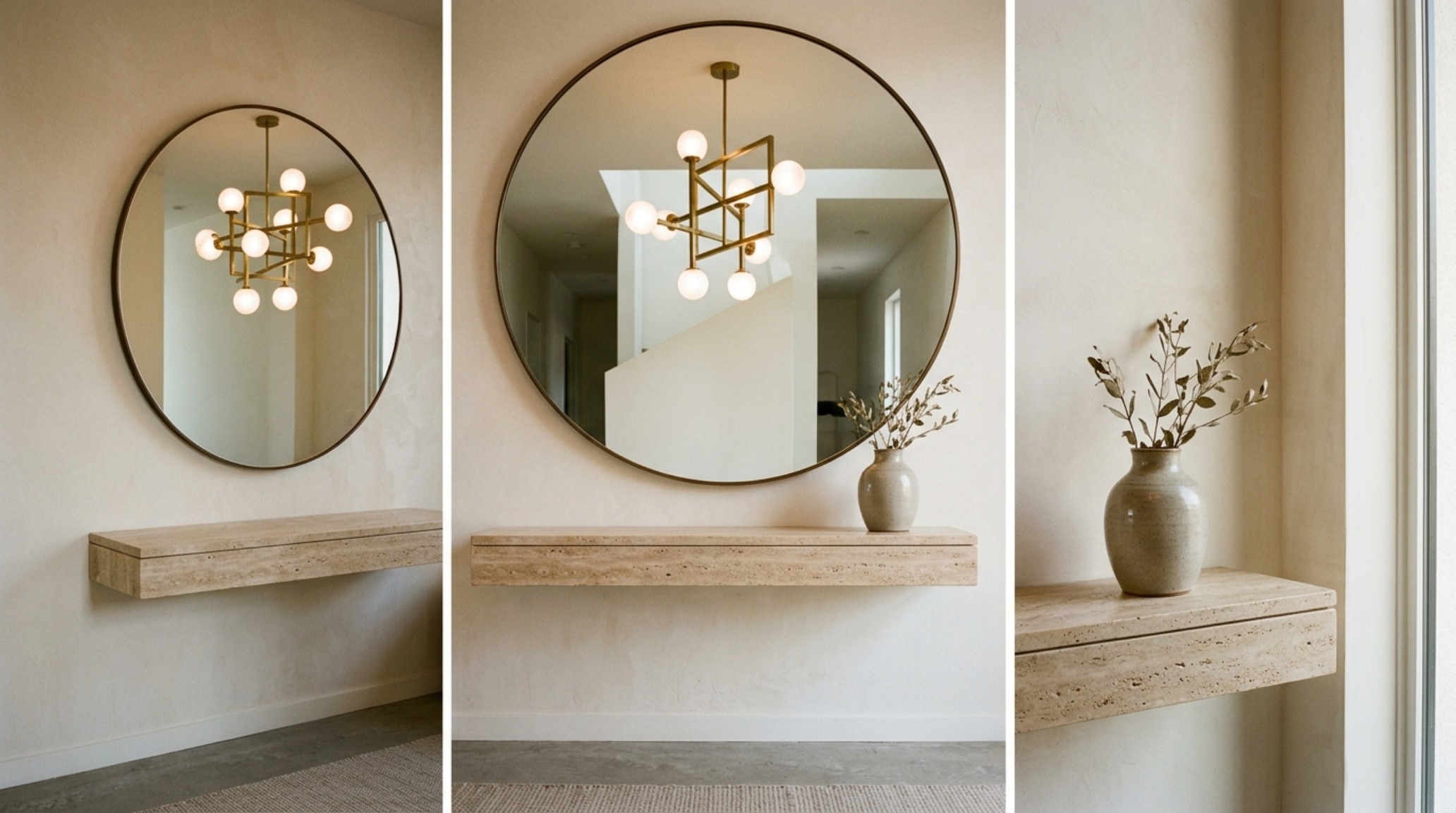 Small entryway console table with mirror showing a luxury small entryway lighting scheme and honed travertine stone details. Small entryway console table with mirror showing a luxury small entryway lighting scheme and honed travertine stone details.