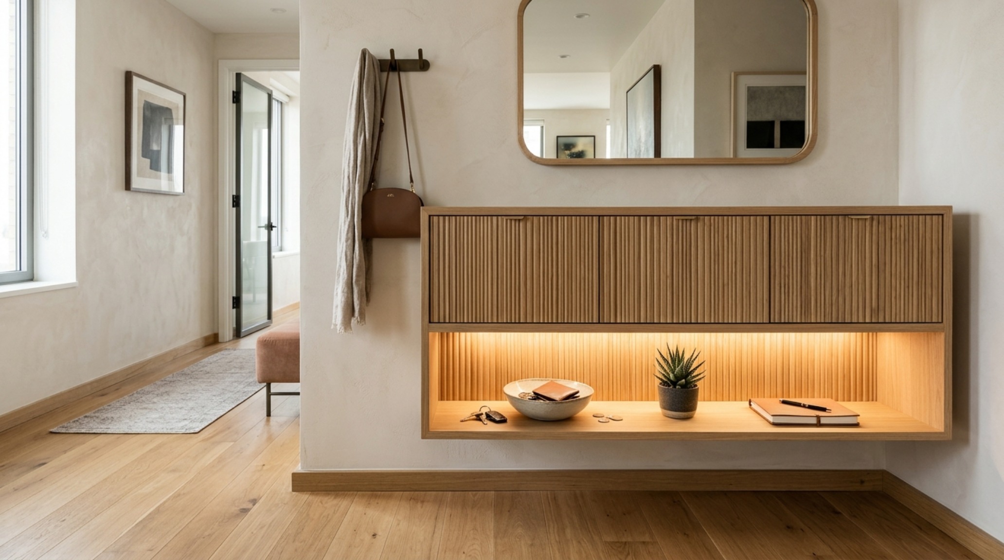Entryway drop zone ideas featuring fluted oak wall-hung cabinetry and minimalist matte black hardware in a narrow space. Entryway drop zone ideas featuring fluted oak wall-hung cabinetry and minimalist matte black hardware in a narrow space.