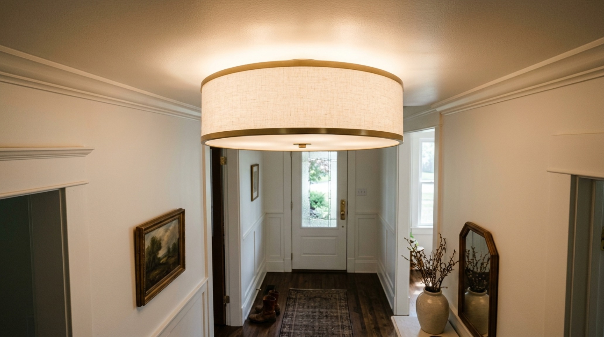 Foyer lighting for low ceilings using a large-scale low-profile frosted glass disc fixture to expand the visual width. Foyer lighting for low ceilings using a large-scale low-profile frosted glass disc fixture to expand the visual width.