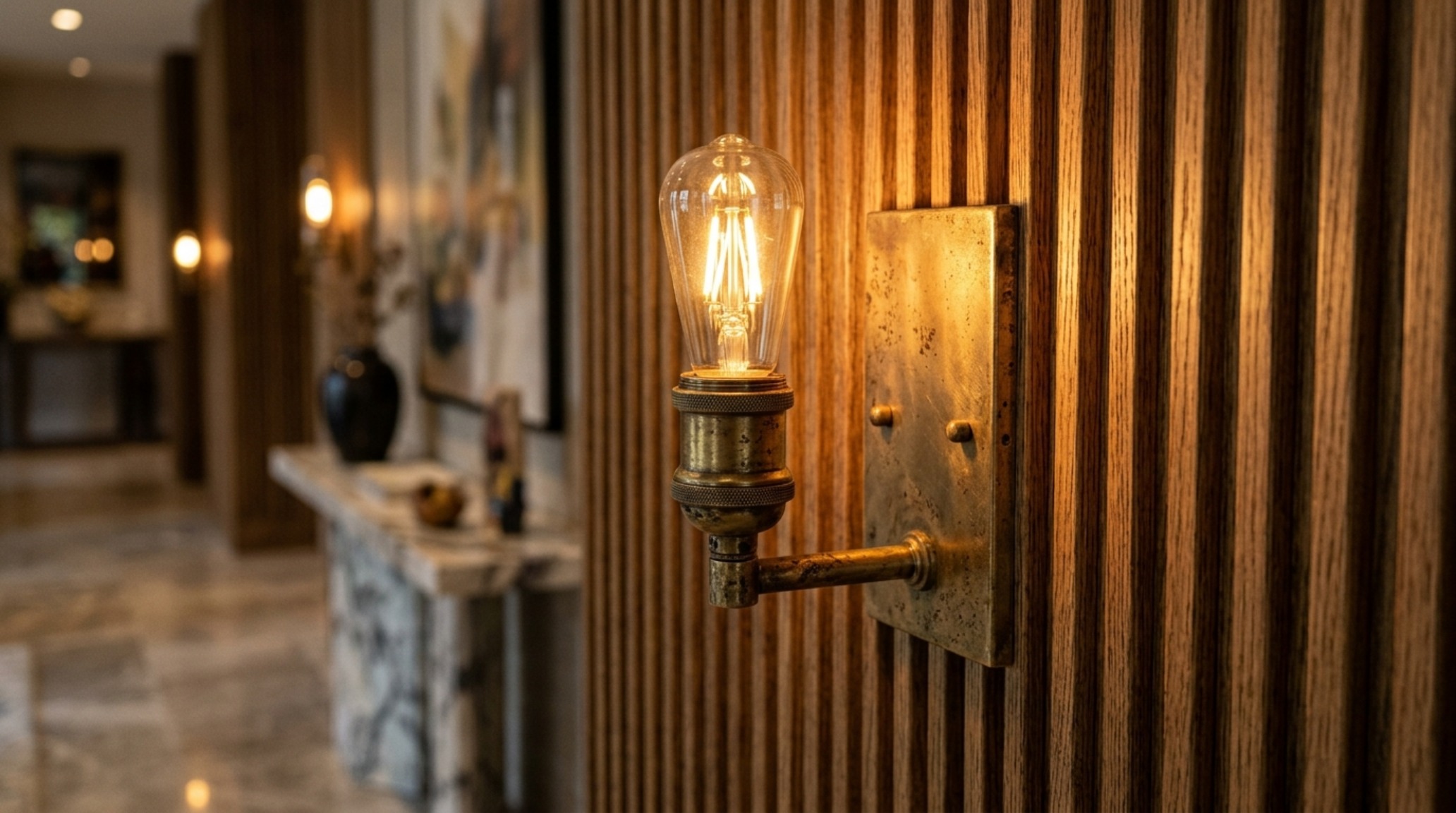 Close-up of unlacquered brass wall sconce with a warm 2700K glow against a Setting Plaster pink textured wall. Close-up of unlacquered brass wall sconce with a warm 2700K glow against a Setting Plaster pink textured wall.