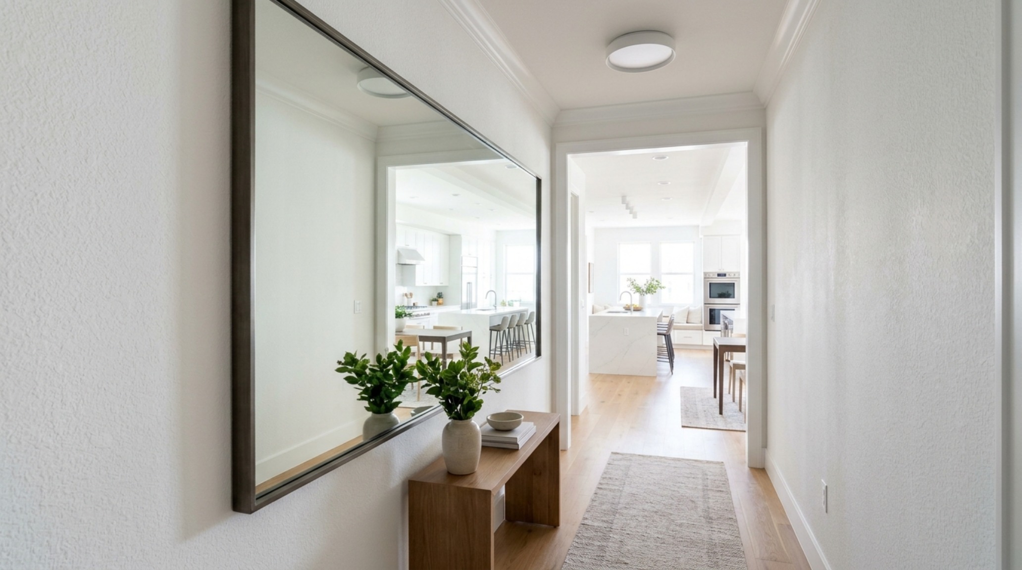 Luxury foyer featuring a bespoke floor-to-ceiling mirror reflecting a modern semi-flush mount light and a wide cased opening. Luxury foyer featuring a bespoke floor-to-ceiling mirror reflecting a modern semi-flush mount light and a wide cased opening.