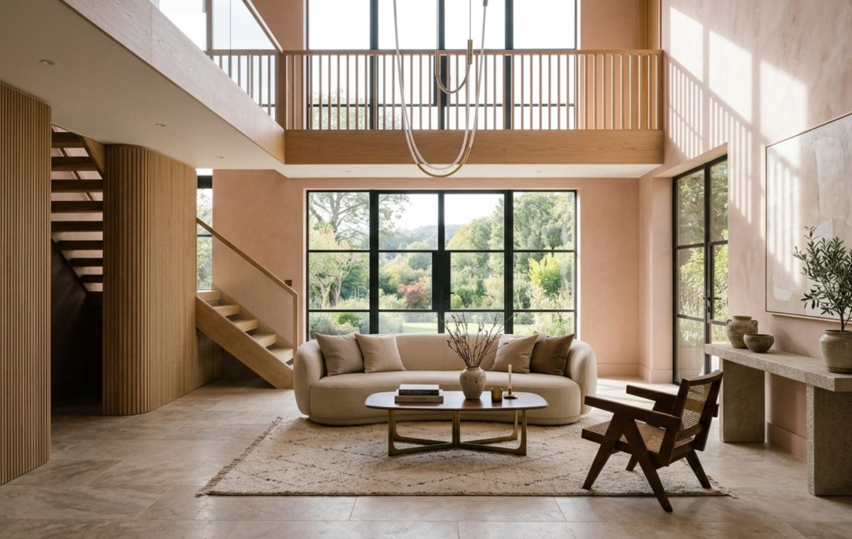 sustainable luxury home materials like honed travertine and fluted white oak in a double-height living space with massive floor-to-ceiling windows.