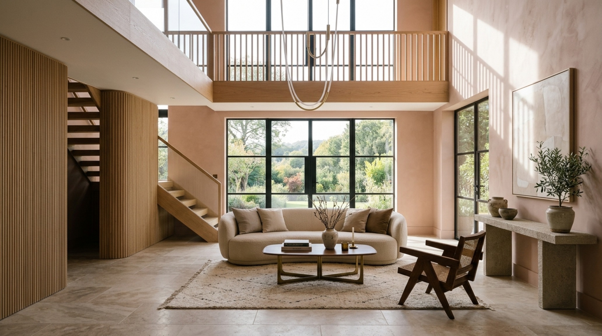 sustainable luxury home materials like honed travertine and fluted white oak in a double-height living space with massive floor-to-ceiling windows. sustainable luxury home materials like honed travertine and fluted white oak in a double-height living space with massive floor-to-ceiling windows.