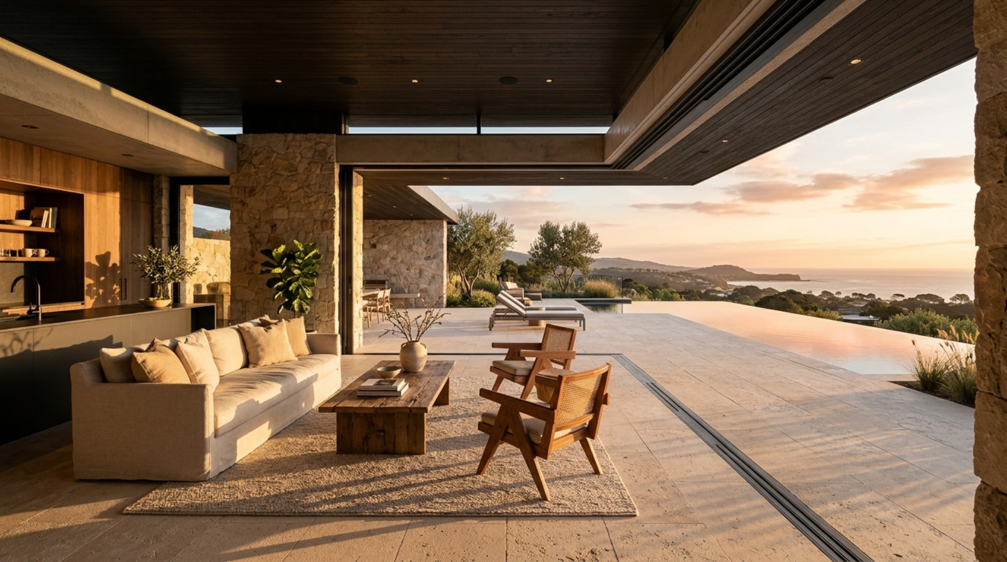 indoor-outdoor living trends shown through massive motorized glass pivot doors connecting a limestone living room to a sunset terrace. indoor-outdoor living trends shown through massive motorized glass pivot doors connecting a limestone living room to a sunset terrace.