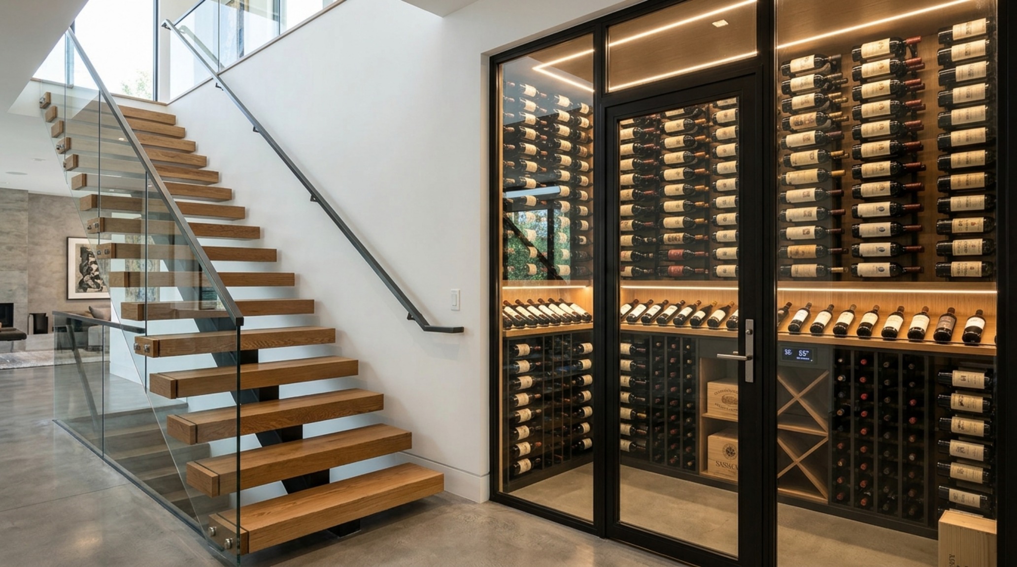 custom luxury home features including a glass-enclosed wine cellar acting as a structural partition between a formal dining area and a gallery. custom luxury home features including a glass-enclosed wine cellar acting as a structural partition between a formal dining area and a gallery.